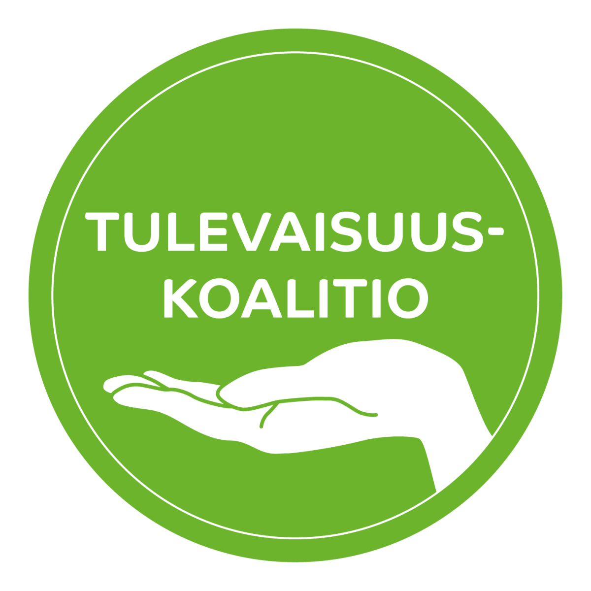 Vihreässä ympyrässä kämmen, joka kannattelee tekstiä Tulevaisuuskoalitio