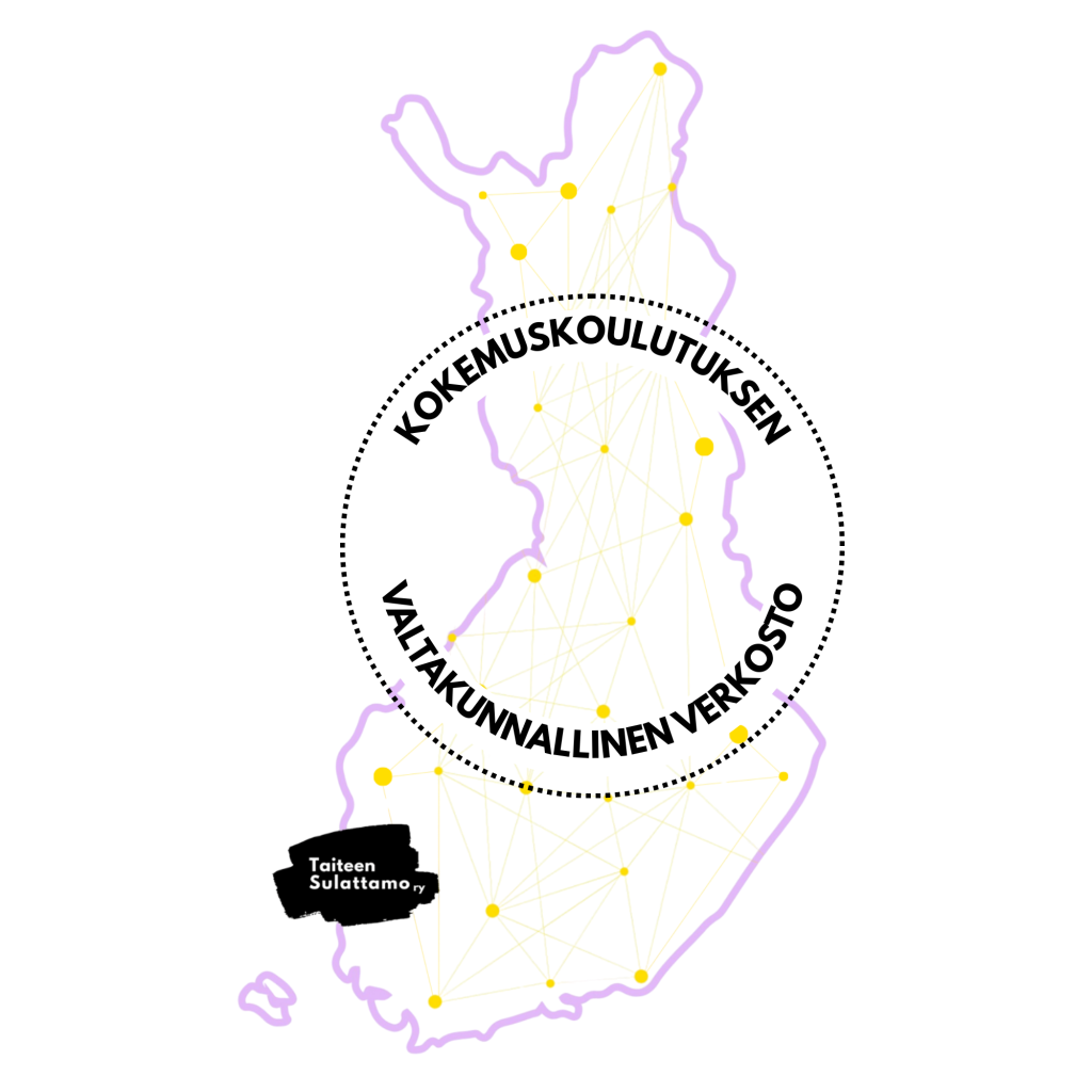 Suomen maan ääriviivat kuvana jonka keskellä menee eri kaupunkien välillä verkostoja, keskellä ympyrä jonka sisällä on teksti kokemuskoulutuksen valtakunnallinen verkosto