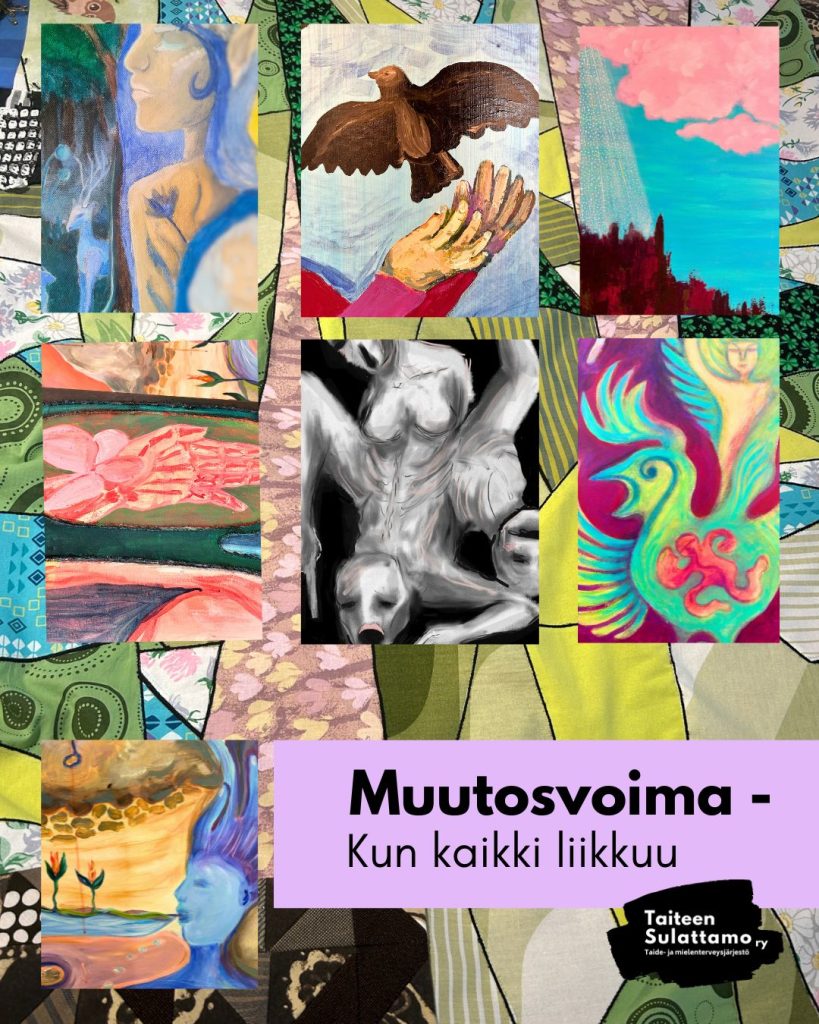 kollaasi seitsemästä kuvasta, joissa on värikkäitä yksityiskohtia maalauksista. Taustalla tilkkutäkki
