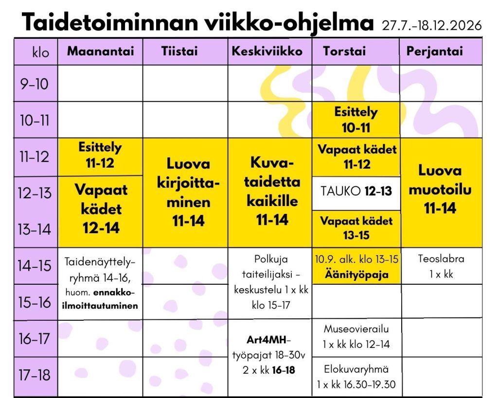 Lukujärjestys taidetoiminnan viikko-ohjelmasta, keltainen ja violetti valkoisella pohjalla
