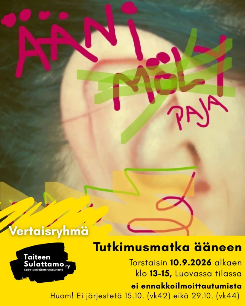 mainosjuliste jossa keltainen pohja ja lähikuva korvasta, taiteen sulattamon mustavalkoinen logo