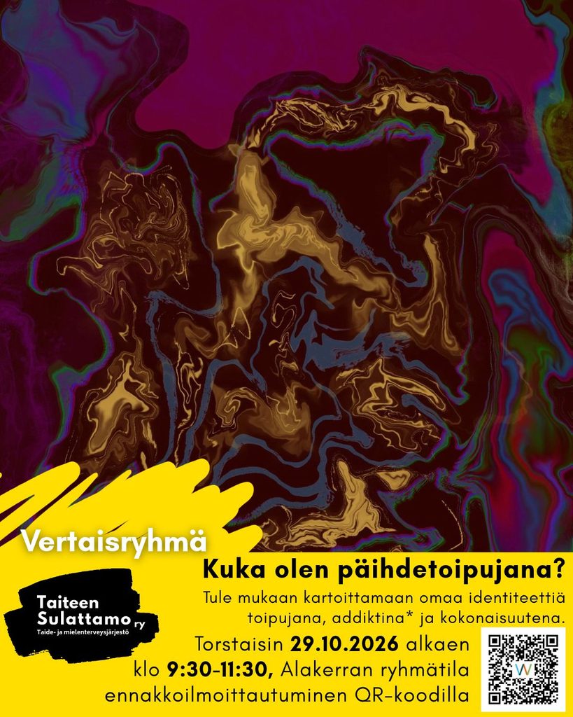 Tapahtumajuliste, jossa on abstrakteja muotoja tummissa ja syvissä sävyissä.