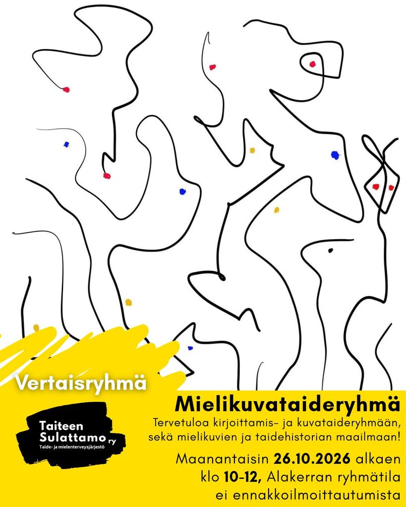 Tapahtumajuliste, jossa on abstrakteja mustia linjoja sekä pieniä keltaisia, sinisiä ja punaisia pilkkuja valkoisella pohjalla.