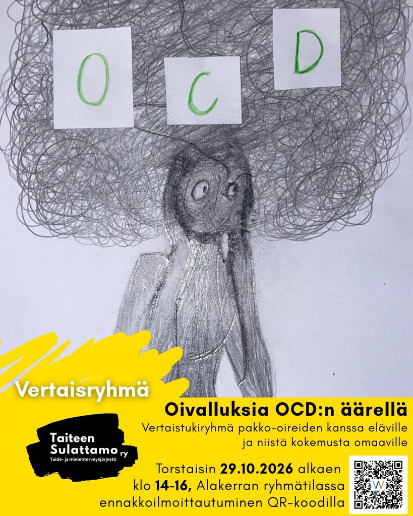 Tapahtumajuliste, jossa on lyijykynällä piirretty hahmo, jonka yläpuolella on tumma ajatuskupla, jossa lukee OCD.